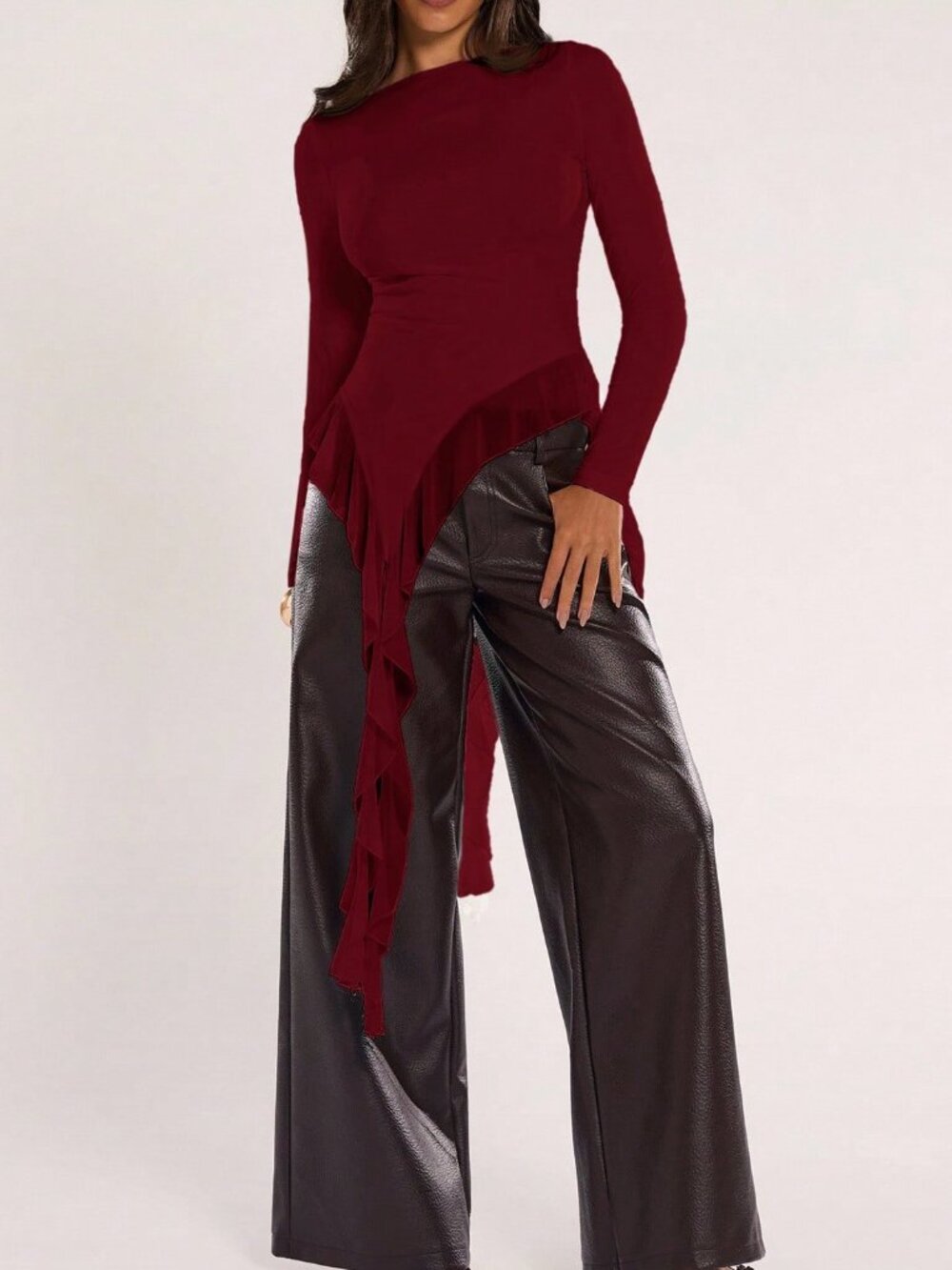 Burgundy Casual Women's Round Neck Long Sleeve Asymmetrical Hem Slim Fit Top - Picture 4 of 6